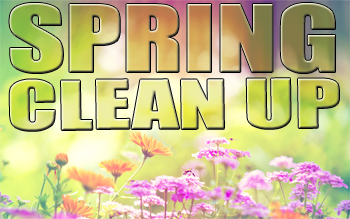 Spring Clean Up superimposed over picture of Blurry meadow with flowers and bees in foreground.